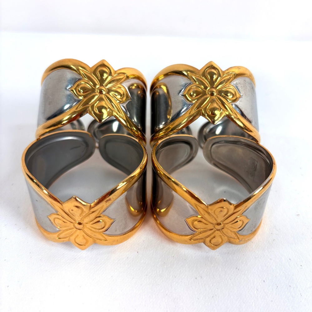 Gorham Napkin Rings Silver Gold Two Tone Golden Melon Bud Floral Set of 4